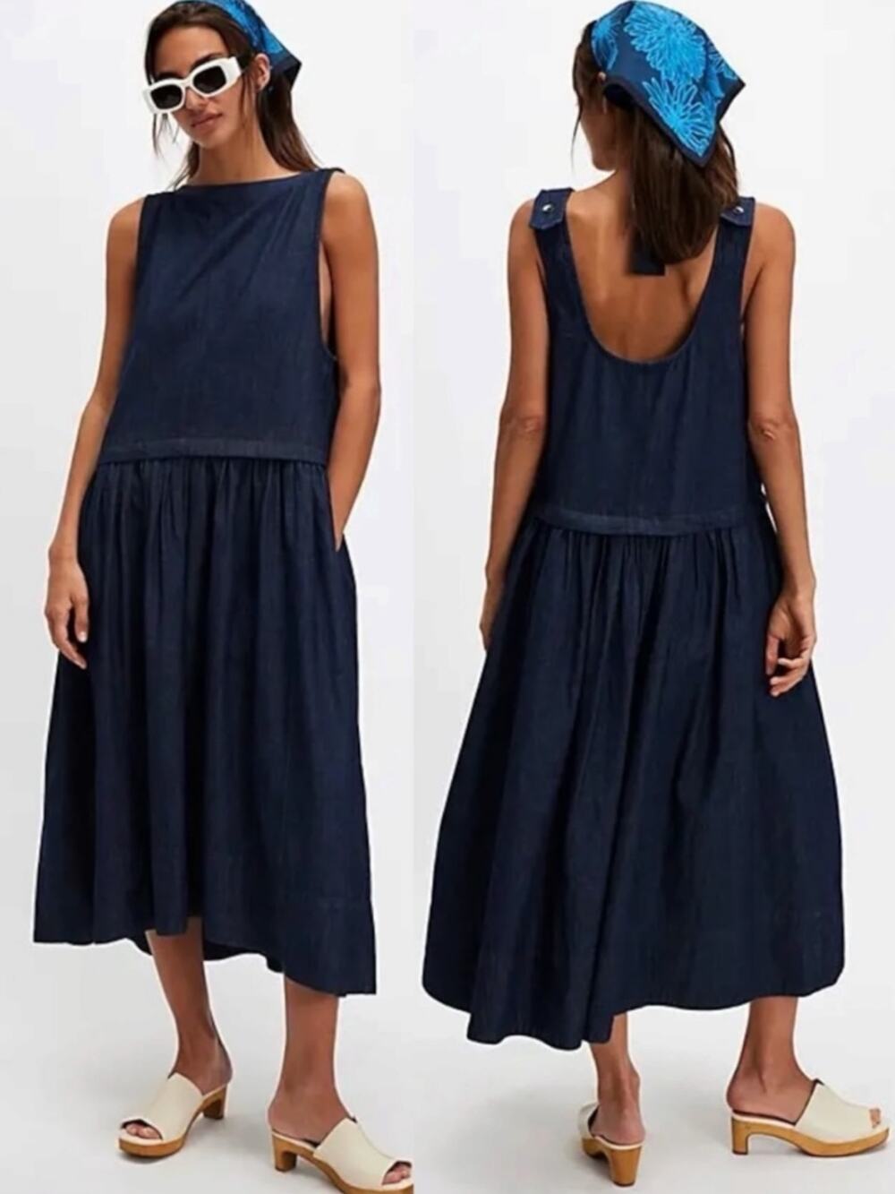 Free People Retro 90s Soraya Dark Denim Drop Waist Midi Jumper Dress Size Large